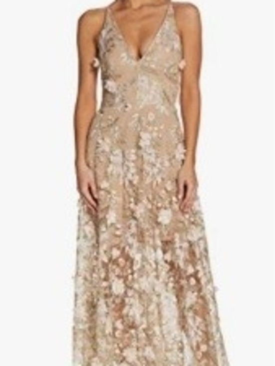 Dress the Population Dresses & Skirts - Dress the Population Nude Floral Appliqué V-Neck Maxi Dress